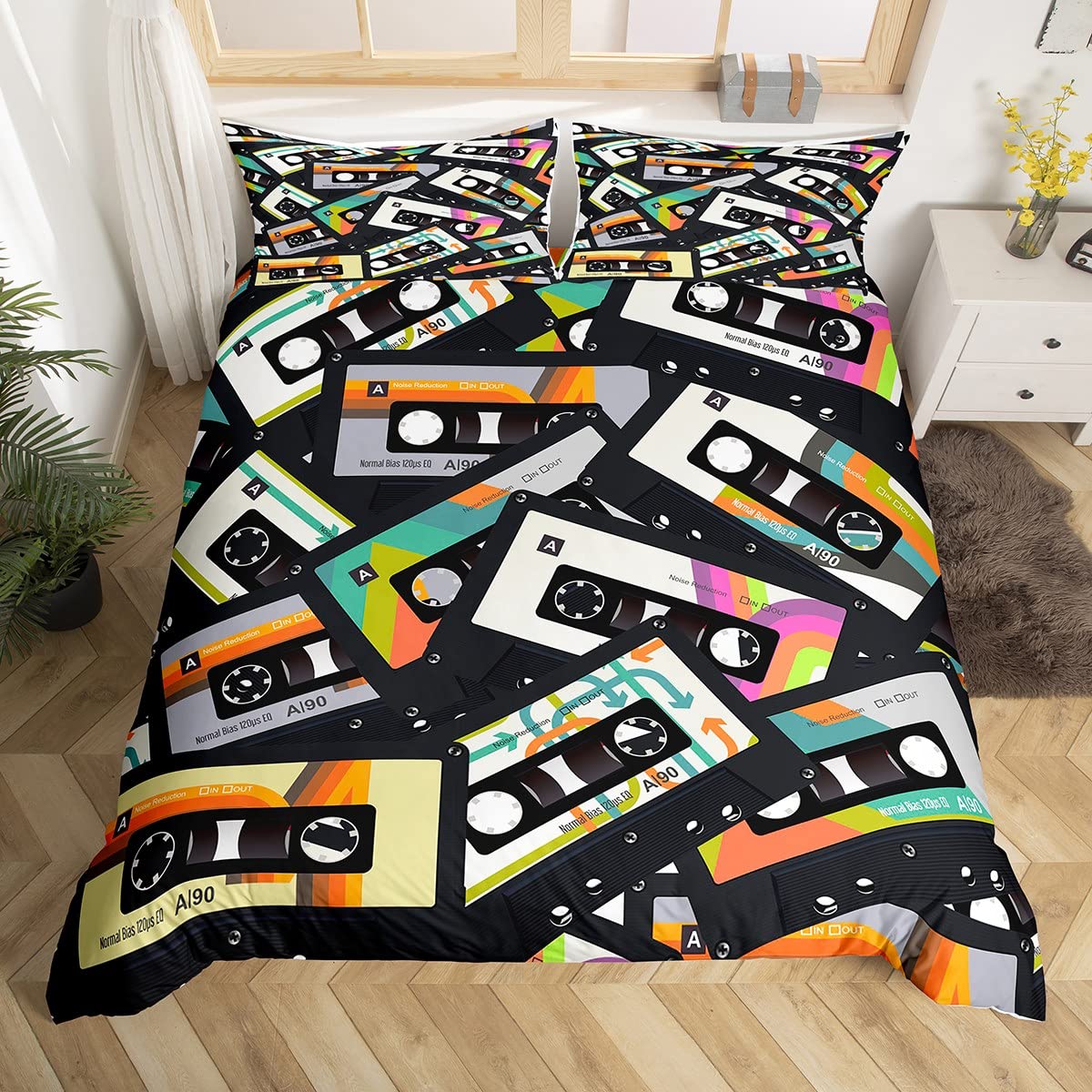 Audio Music King - เทปเพลงที่มีสีสันผ้านวมคลุมเตียงนุ่มเหมือนราชาเทปเสียงผ้าคลุมเตียงชุดรูปแบบดนตรีชุดเครื่องนอนผ้าคลุมผ้านวมสไตล์สีน้ำ